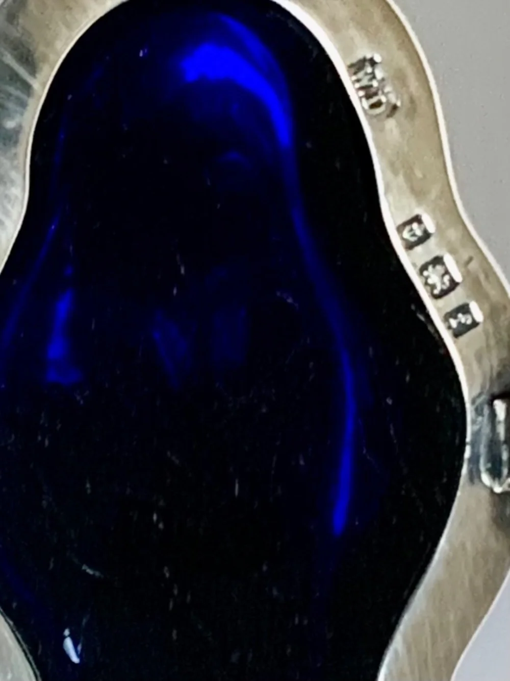 English Sterling Silver Mustard Pot Cobalt Glass Insert Spoon London Hallmarks